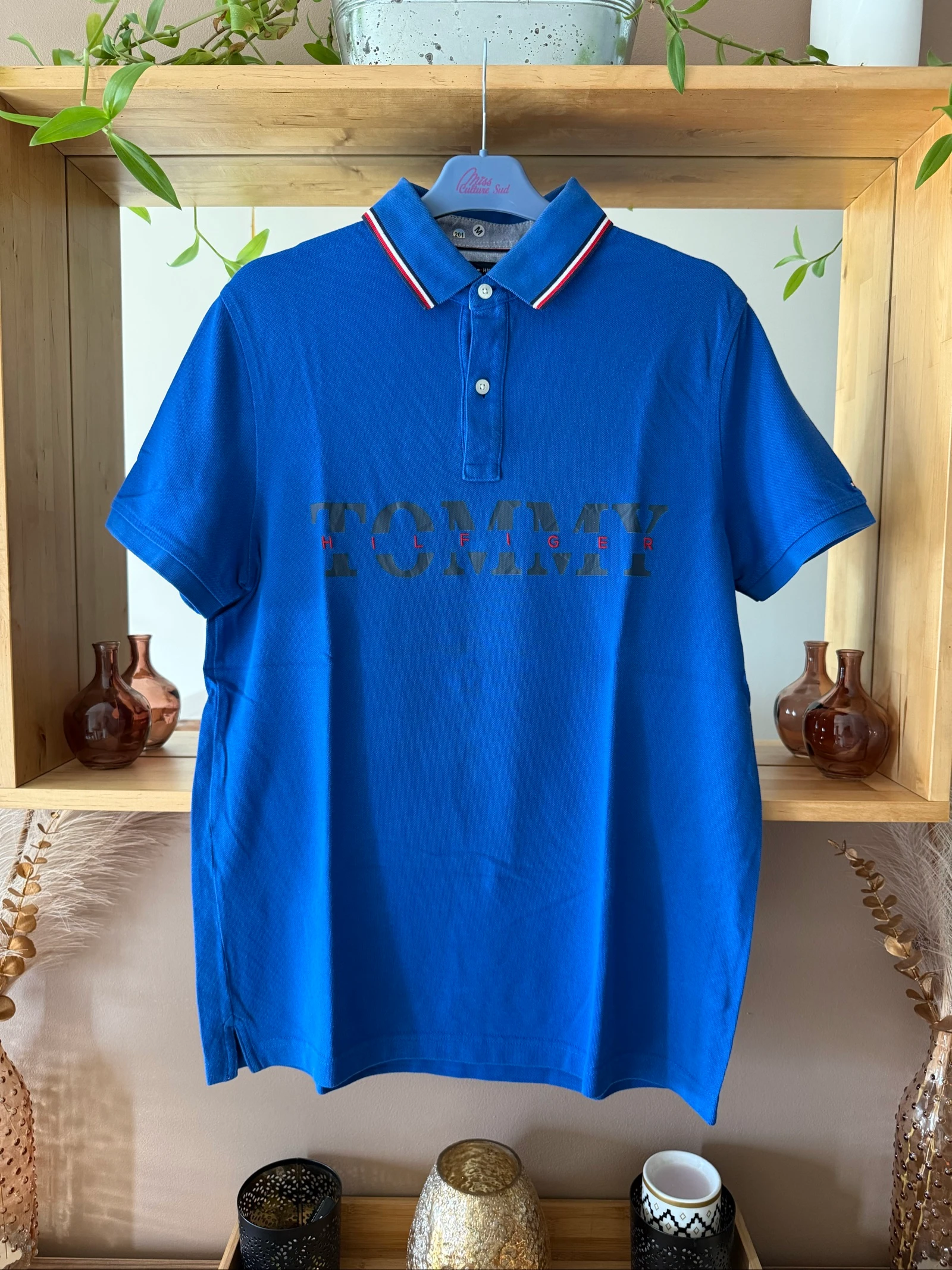 Polo Tommy Hilfiger Homme M Custom Fit – Bleu – Grand Logo – Vintage – Très bon état